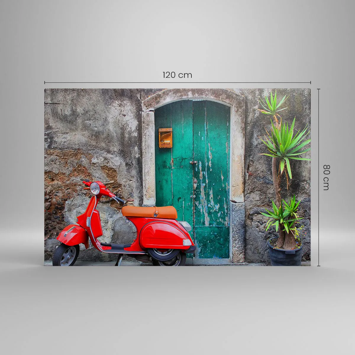 Bild auf Leinwand - Leinwandbild - Roter Roller an der grünen Tür - 120x80cm - Italienischer Urlaub - Moderne Wanddekoration für Wohnzimmer und Schlafzimmer ARTTOR