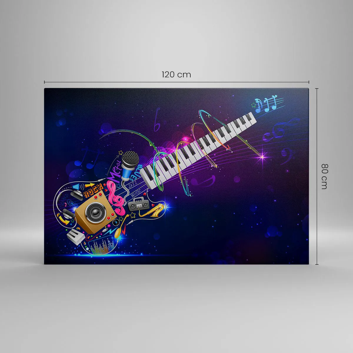 Obraz na płótnie - Kolorowa gitara z klawiaturą i mikrofonem na ciemnym tle - 120x80cm - I wszystko gra - Nowoczesna dekoracja ścienna do salonu, kuchni i sypialni ARTTOR