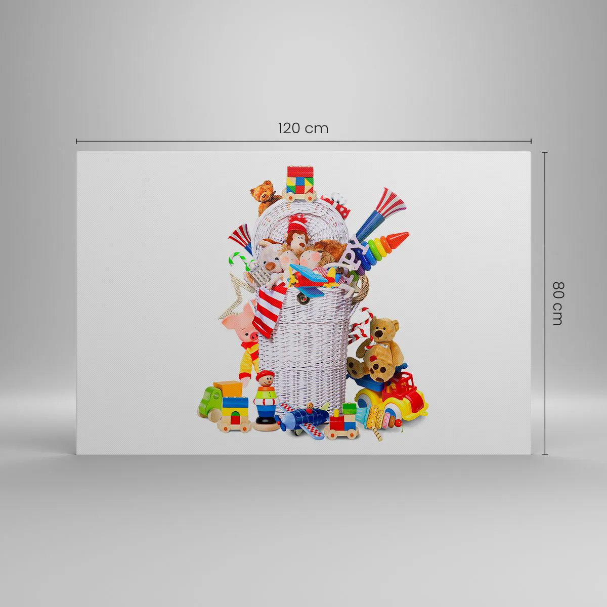 Obraz na płótnie - Kolorowy kosz pełen dziecięcych zabawek - 120x80cm - Skarby malucha - Nowoczesna dekoracja ścienna do salonu, kuchni i sypialni ARTTOR