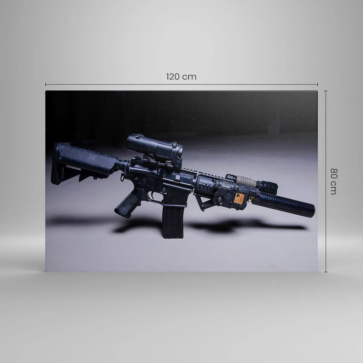 Cuadro sobre lienzo - Impresión de Imagen - Un rifle moderno en negro sobre un fondo oscuro. - 120x80cm - Un caballero oscuro - Decoración de pared moderna para salón y dormitorio ARTTOR