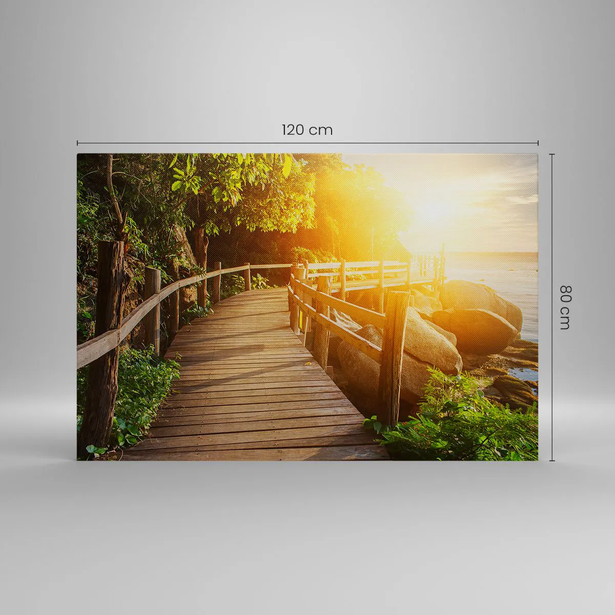 Cuadro sobre lienzo - Impresión de Imagen - Un puente de madera entre la vegetación que conduce al mar bajo los rayos del sol. - 120x80cm - Otra curva, otra maravilla - Decoración de pared moderna para salón y dormitorio ARTTOR