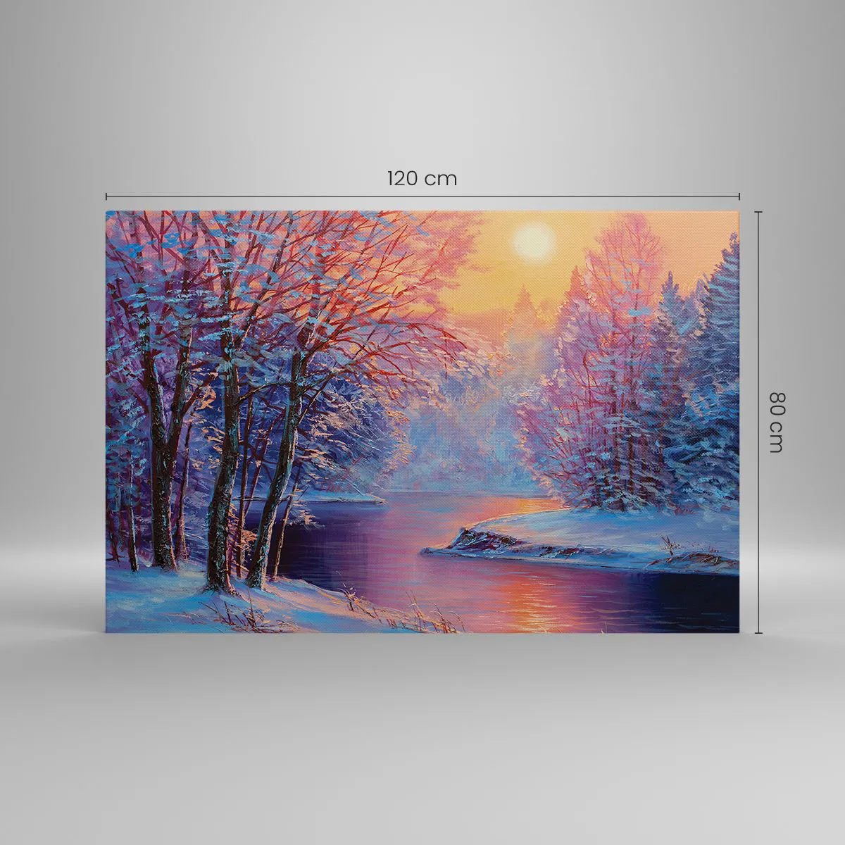 Impression sur toile - Image sur toile - Paysage d'hiver avec rivière et arbres au lever du soleil - 120x80cm - Couleurs d'hiver - Décoration murale moderne pour le salon et la chambre ARTTOR
