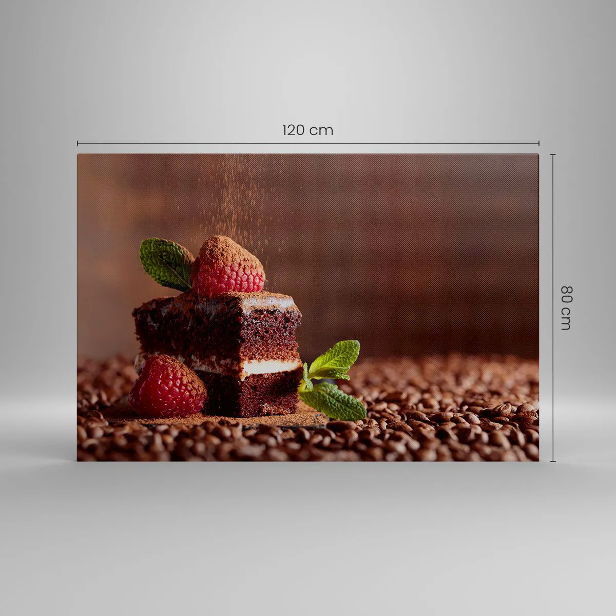 Obraz na płótnie - Czekoladowe ciasto z malinami i miętą na tle ziaren kakao - 120x80cm - Życie jest słodkie - Nowoczesna dekoracja ścienna do salonu, kuchni i sypialni ARTTOR