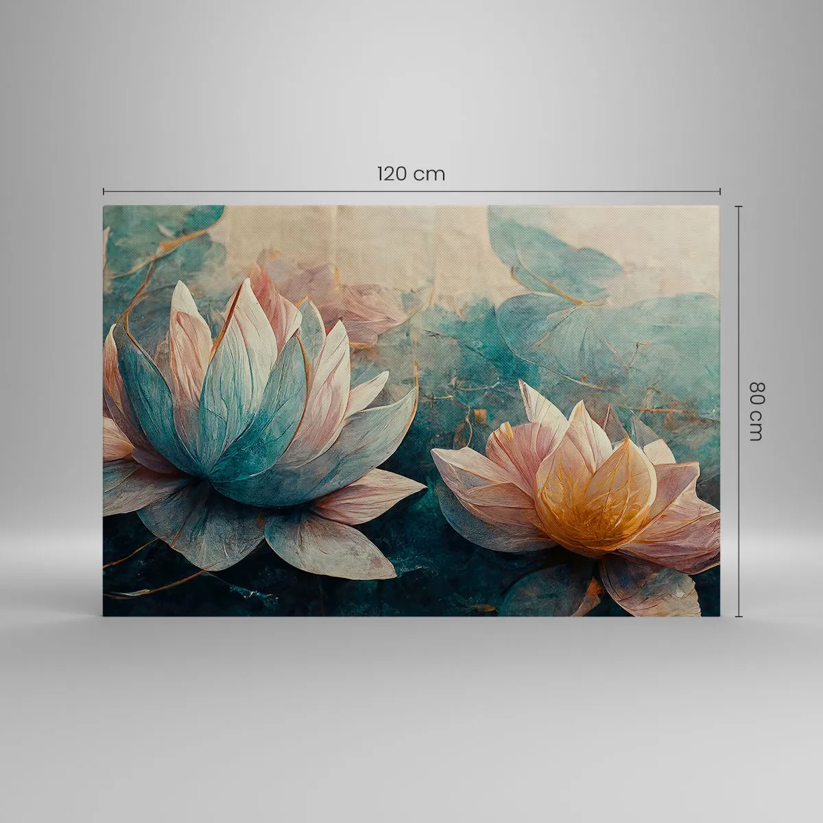 Obraz na płótnie - Subtelne lilie wodne w pastelowych odcieniach błękitu i złota - 120x80cm - Gwiazdy jeziora - Nowoczesna dekoracja ścienna do salonu, kuchni i sypialni ARTTOR