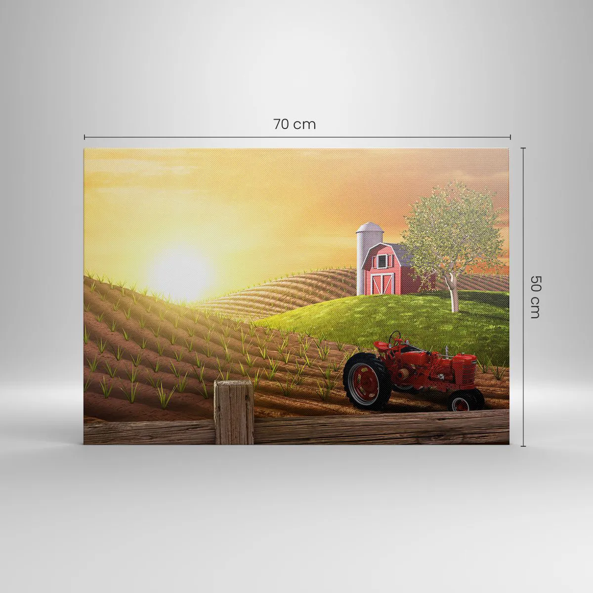 Impression sur toile - Image sur toile - Paysage rural avec une grange rouge, un tracteur et un lever de soleil - 70x50cm - Une ferme comme dans un conte de fées - Décoration murale moderne pour le salon et la chambre ARTTOR