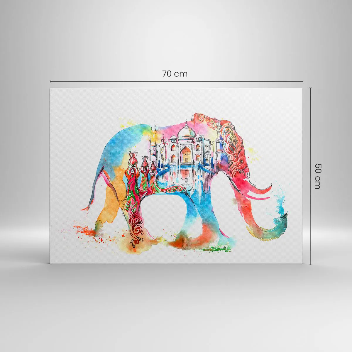 Vászonkép - Színes akvarellfestmény egy elefántról Taj Mahal motívummal - 70x50cm - India - a szerelem aurája - Modern fali dekoráció nappalihoz és hálószobához ARTTOR