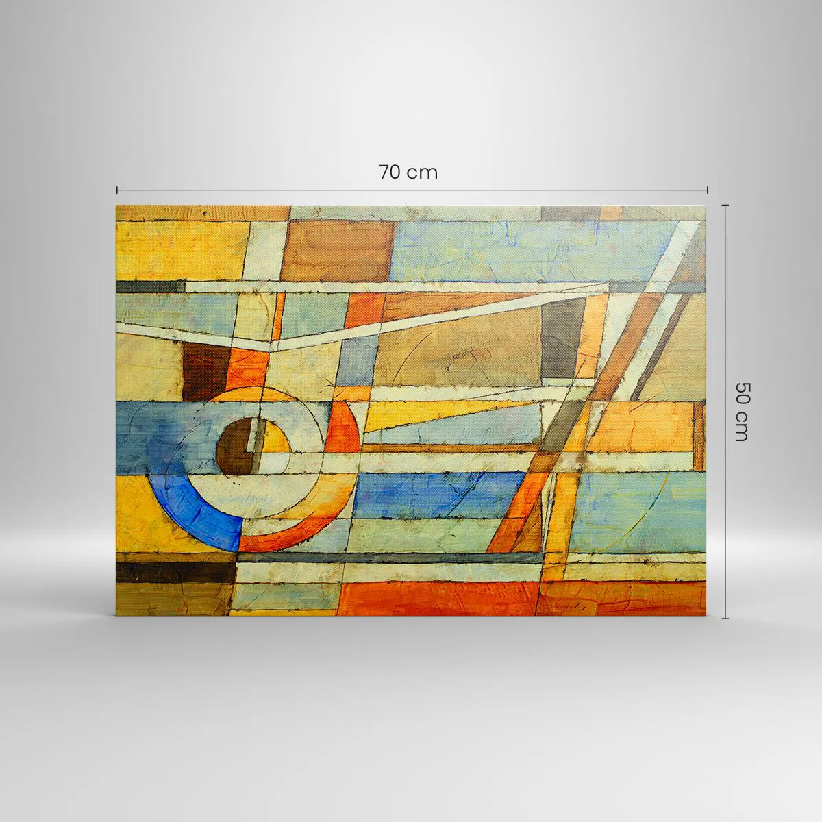 Quadro em tela - Abstração geométrica em tons de bege, azul e laranja - 70x50cm - Cubismo em construção - Decoração de parede moderna para a sala de estar e quarto ARTTOR