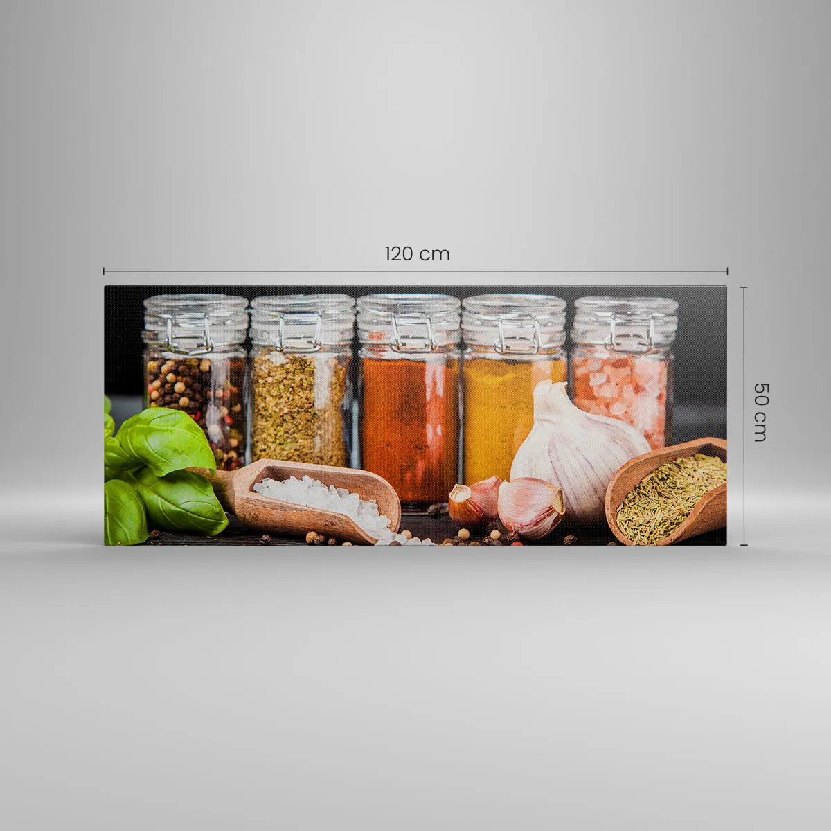 Cuadro sobre lienzo - Impresión de Imagen - Hierbas y especias en frascos de vidrio sobre un fondo oscuro. - 120x50cm - Para que la vida sepa bien - Decoración de pared moderna para salón y dormitorio ARTTOR