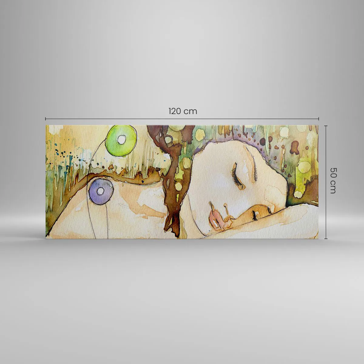 Bild auf Leinwand - Leinwandbild - Eine träumende Frau, umgeben von abstrakten Formen und Farben. - 120x50cm - Ein smaragd-violetter Traum - Moderne Wanddekoration für Wohnzimmer und Schlafzimmer ARTTOR