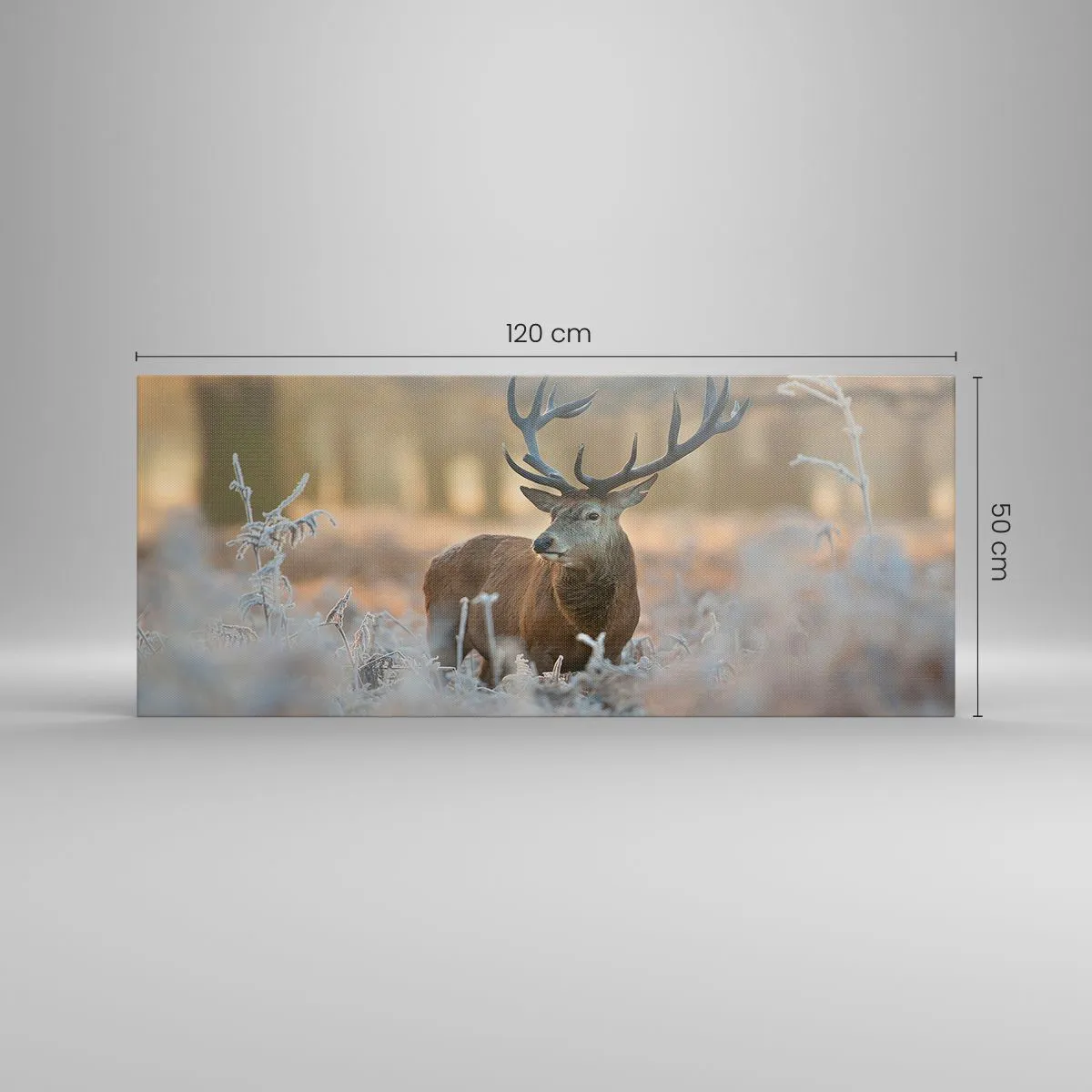 Quadro su tela - Stampe su Tela - Un cervo in una radura gelida in una foresta invernale dai colori tenui - 120x50cm - Fresco mattino - Decorazione murale moderna per soggiorno e camera da letto ARTTOR