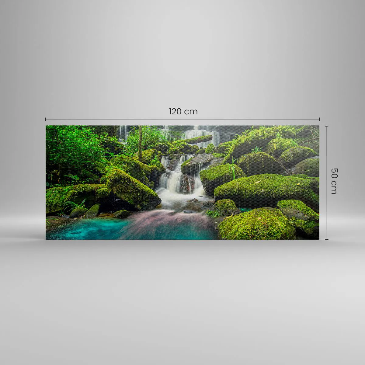 Bild auf Leinwand - Leinwandbild - Ein tropischer Wasserfall, umgeben von Grün und türkisfarbenem Wasser - 120x50cm - Türkis, Saphire und flüssiges Silber - Moderne Wanddekoration für Wohnzimmer und Schlafzimmer ARTTOR