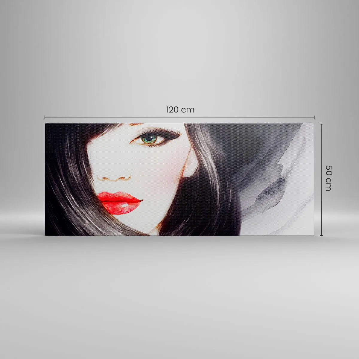 Cuadro sobre lienzo - Impresión de Imagen - Retrato de una mujer con mirada expresiva y labios rojos. - 120x50cm - Mirada de zafiro - Decoración de pared moderna para salón y dormitorio ARTTOR