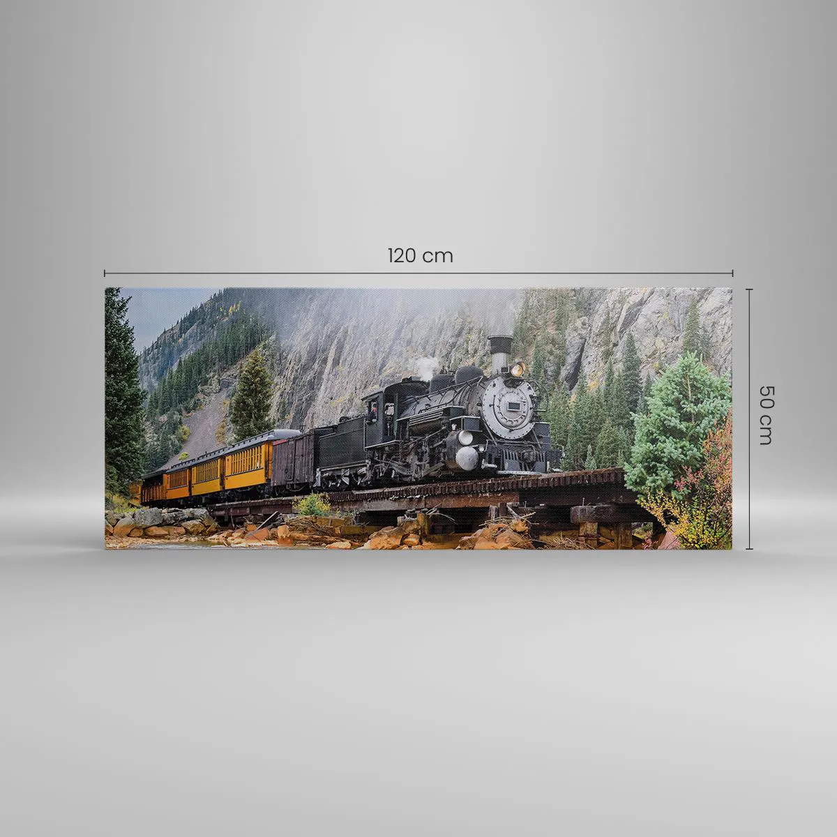 Obraz na płótnie - Parowóz na moście w malowniczym górskim krajobrazie - 120x50cm - A dokąd to? Dokąd? - Nowoczesna dekoracja ścienna do salonu i sypialni ARTTOR