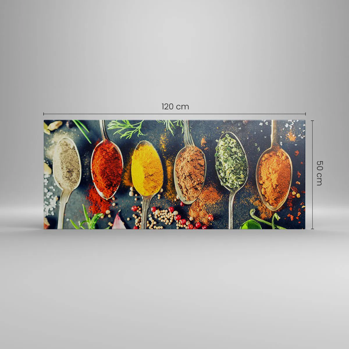 Obraz na płótnie - Kolorowe przyprawy na łyżkach z ziołami w tle - 120x50cm - Kulinarna magia - Nowoczesna dekoracja ścienna do salonu i sypialni ARTTOR