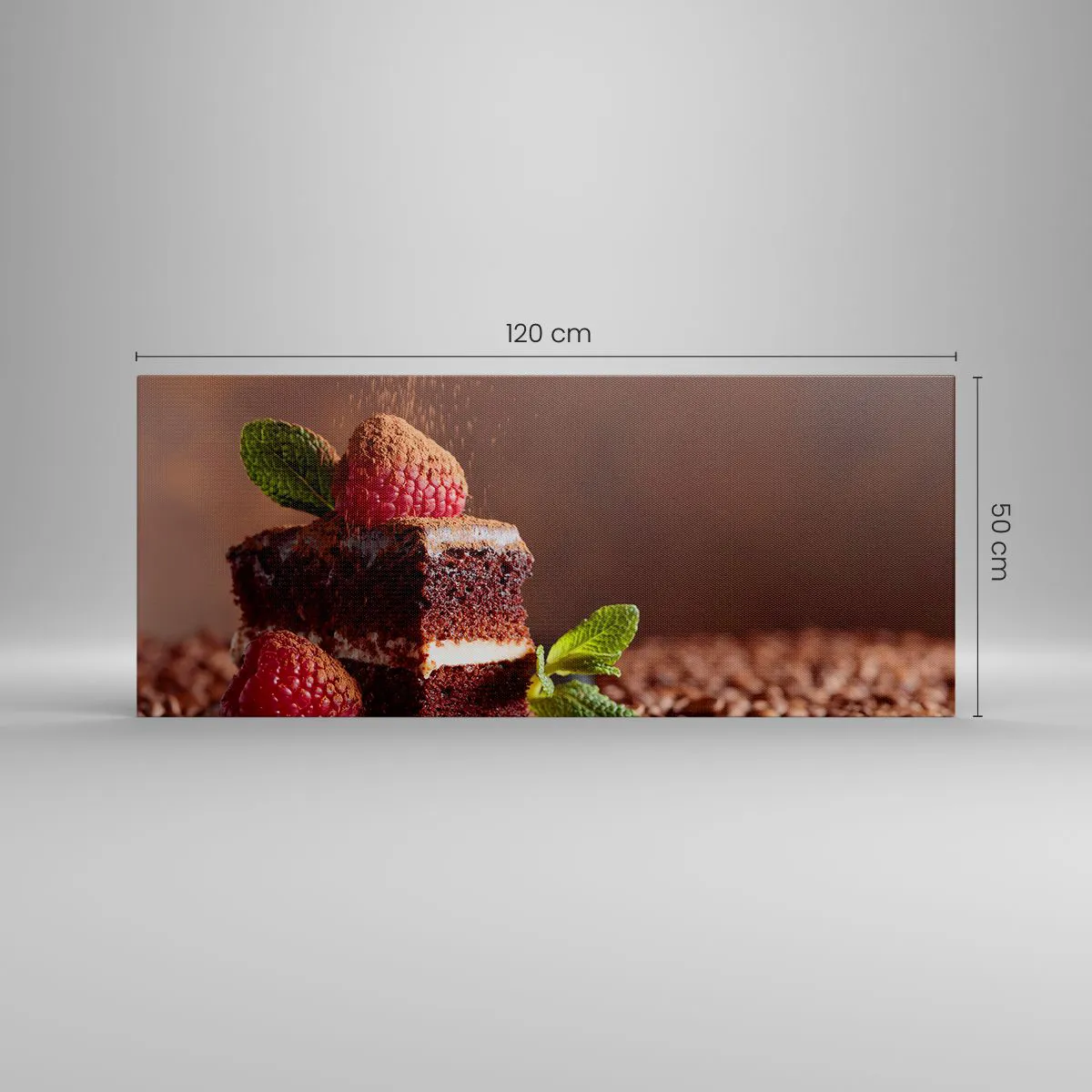 Obraz na płótnie - Czekoladowe ciasto z malinami i miętą na tle ziaren kakao - 120x50cm - Życie jest słodkie - Nowoczesna dekoracja ścienna do salonu i sypialni ARTTOR