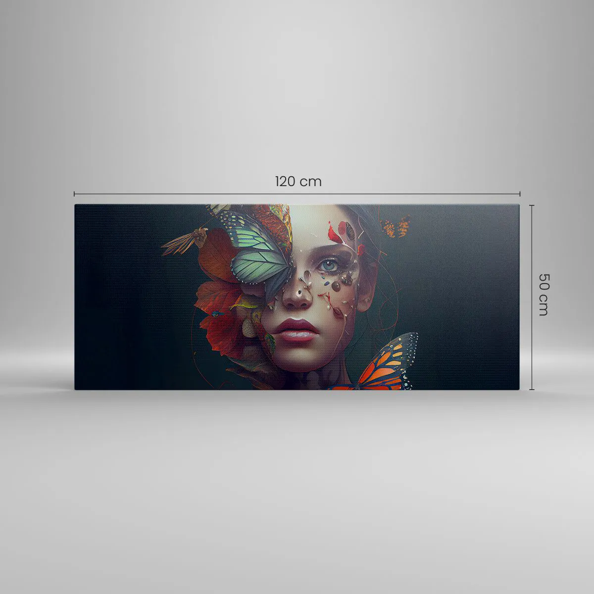 Impression sur toile - Image sur toile - Portrait d'une femme avec des papillons et des éléments végétaux - 120x50cm - Une merveilleuse métamorphose - Décoration murale moderne pour le salon et la chambre ARTTOR
