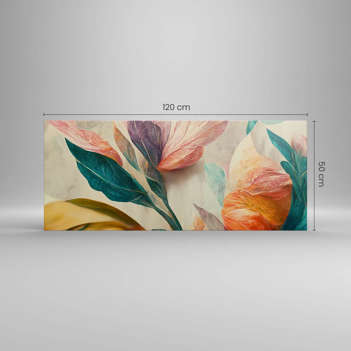 Bild auf Leinwand - Leinwandbild - Bunte Blumen im tropischen Stil auf hellem Hintergrund - 120x50cm - Blumen der südlichen Inseln - Moderne Wanddekoration für Wohnzimmer und Schlafzimmer ARTTOR