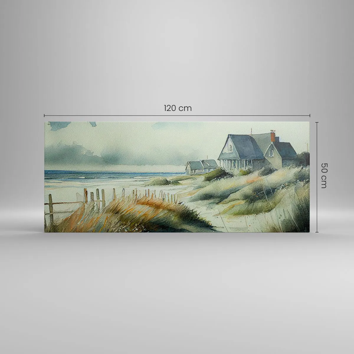 Obraz na płótnie - Dom nadmorski otoczony trawami i widokiem na morze - 120x50cm - Z dala od zgiełku - Nowoczesna dekoracja ścienna do salonu i sypialni ARTTOR