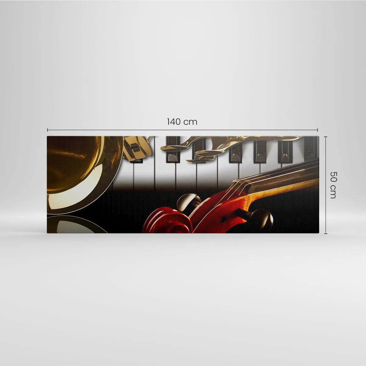 Impression sur toile - Image sur toile - Un saxophone doré, des touches de piano et un violon rouge - 140x50cm - Tôle, bois et ivoire - Décoration murale moderne pour le salon et la chambre ARTTOR