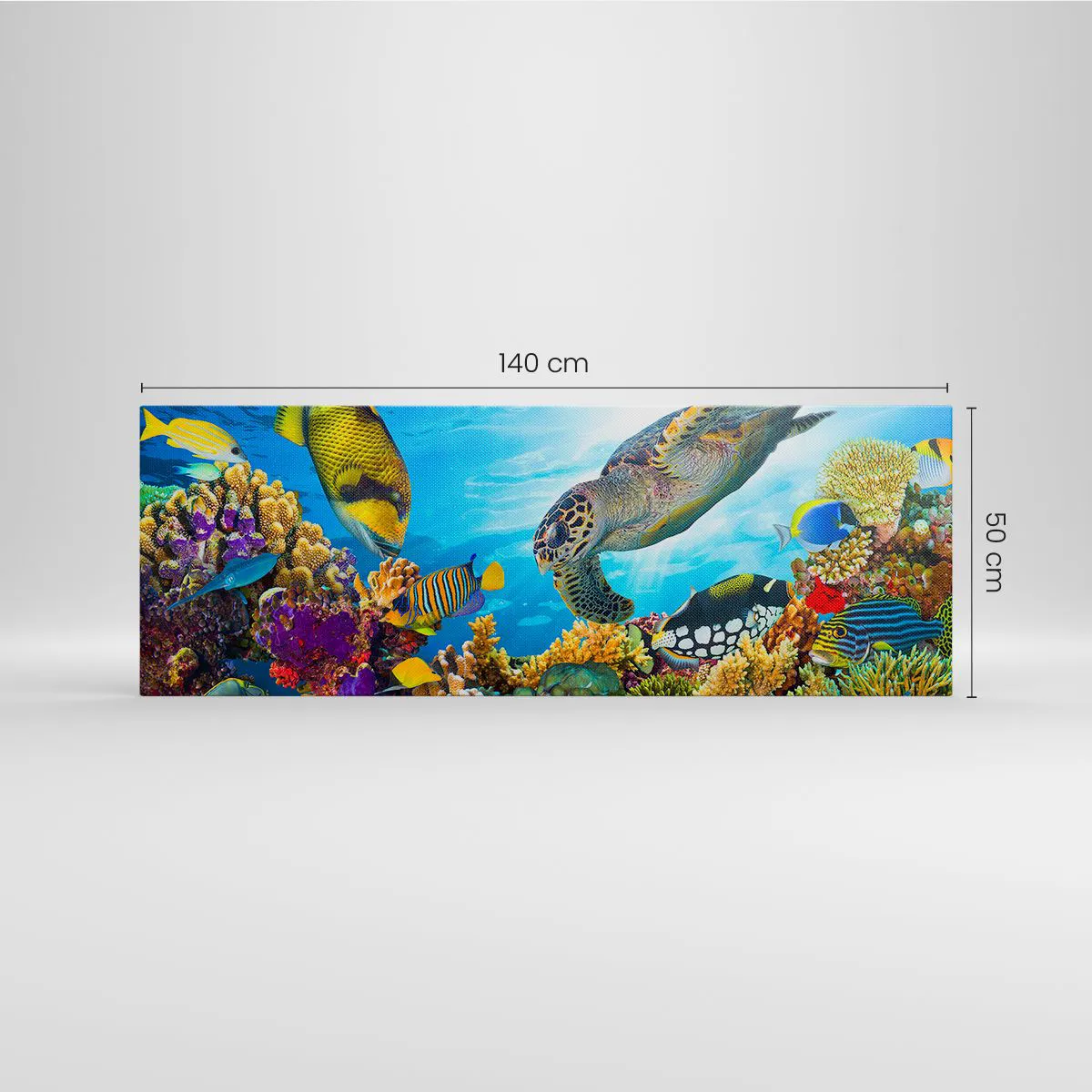 Bild auf Leinwand - Leinwandbild - Unterwasserwelt mit bunten Fischen und einer Schildkröte in den Korallen - 140x50cm - Korallenpromenade - Moderne Wanddekoration für Wohnzimmer und Schlafzimmer ARTTOR