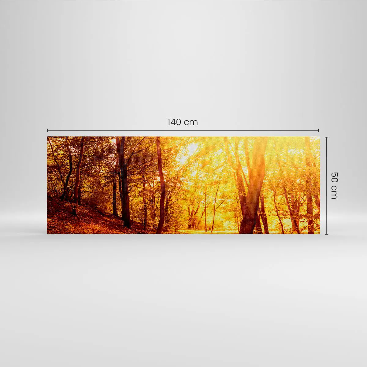 Cuadro sobre lienzo - Impresión de Imagen - Claro de otoño bajo la luz dorada del sol con un sendero forestal - 140x50cm - Hacia un claro de oro - Decoración de pared moderna para salón y dormitorio ARTTOR
