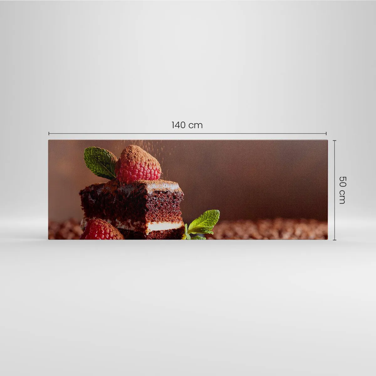 Impression sur toile - Image sur toile - Gâteau au chocolat aux framboises et à la menthe sur fond de fèves de cacao - 140x50cm - La vie est douce - Décoration murale moderne pour le salon et la chambre ARTTOR