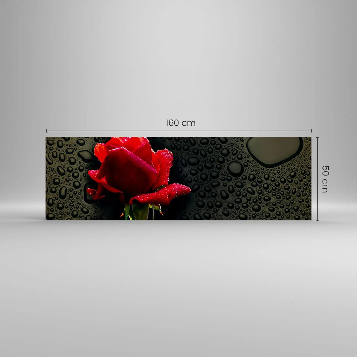Impression sur toile - Image sur toile - Rose rouge avec des gouttes d'eau sur un fond sombre - 160x50cm - Rouge et noir - Décoration murale moderne pour le salon et la chambre ARTTOR