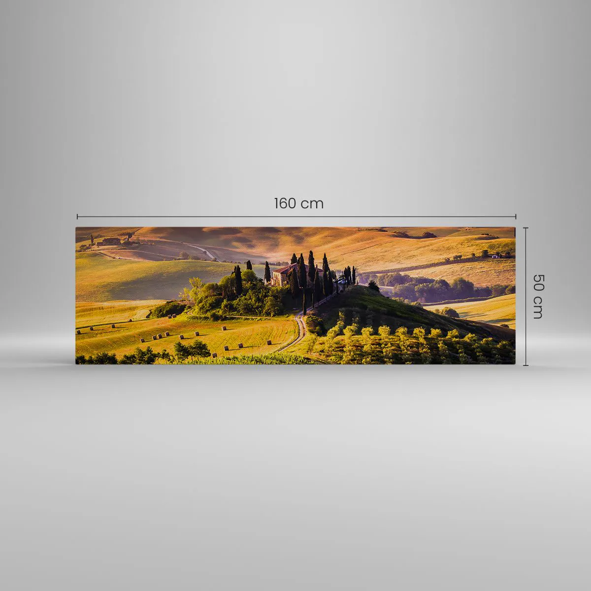 Cuadro sobre lienzo - Impresión de Imagen - Paisaje toscano con viñedos y una casa en una colina. - 160x50cm - Paisaje toscano - Decoración de pared moderna para salón y dormitorio ARTTOR