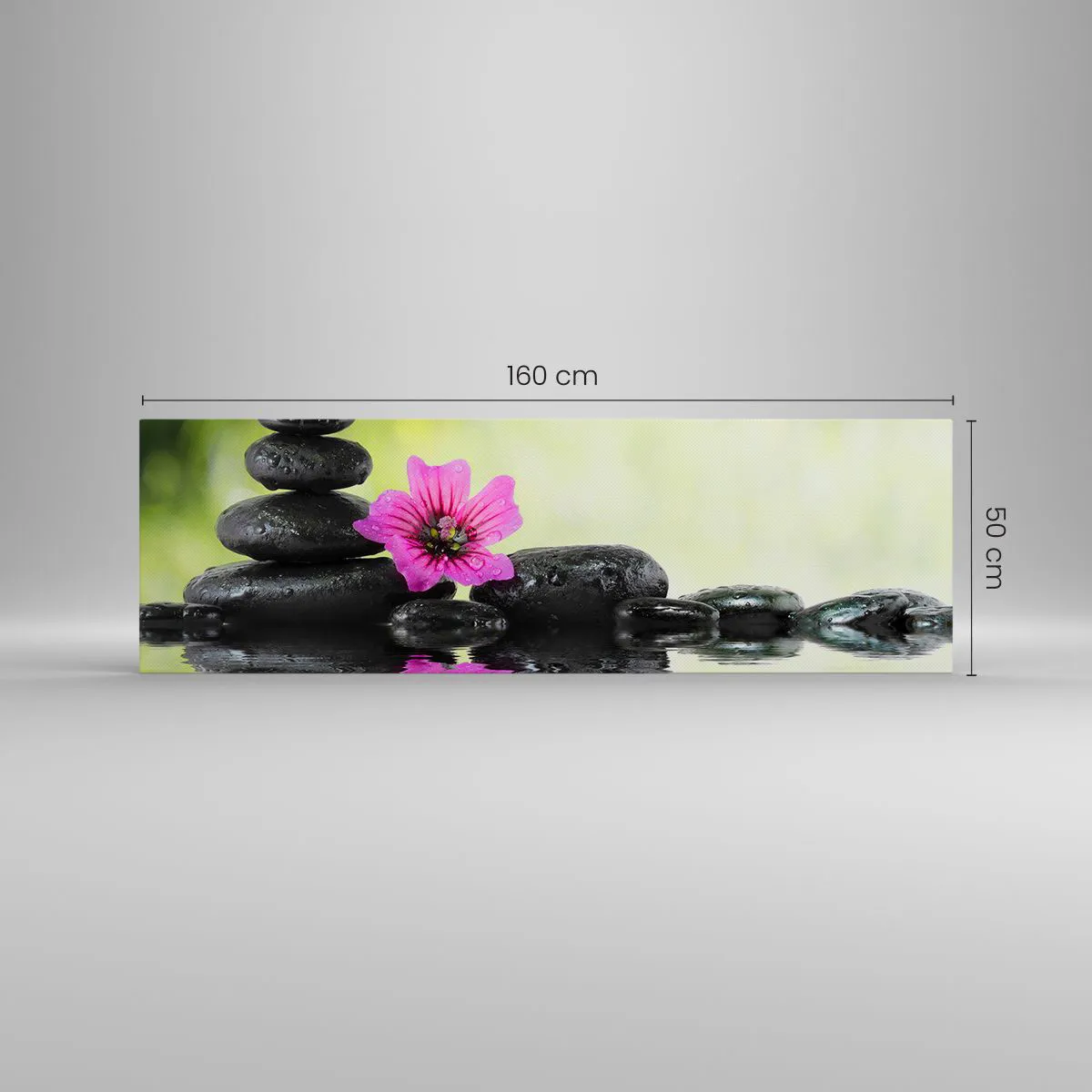 Cuadro sobre lienzo - Impresión de Imagen - Piedras zen y una flor rosa reflejada en el agua. - 160x50cm - Tiempo para el alma - Decoración de pared moderna para salón y dormitorio ARTTOR