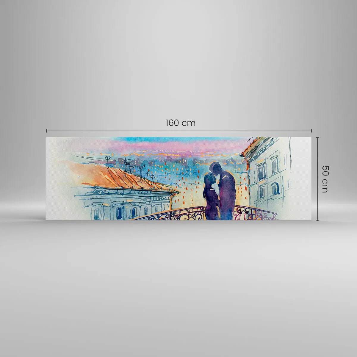 Cuadro sobre lienzo - Impresión de Imagen - Pareja romántica en un balcón con vistas a la ciudad. - 160x50cm - Los amantes de París - Decoración de pared moderna para salón y dormitorio ARTTOR