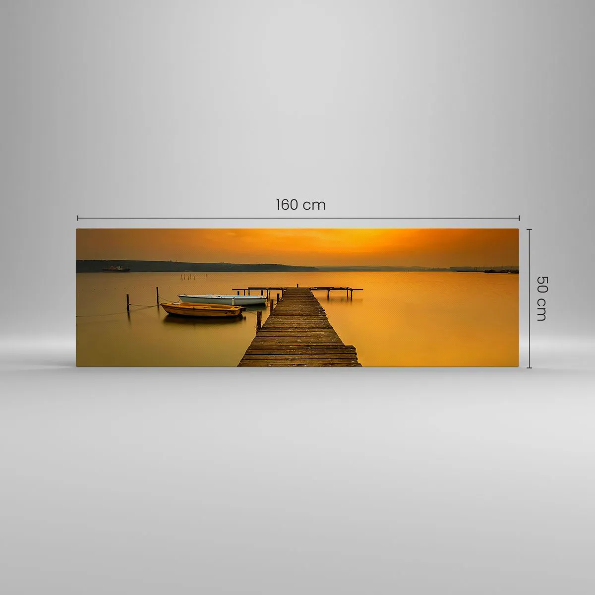 Quadro su tela - Stampe su Tela - Pontile in legno e barche sul lago al tramonto - 160x50cm - Ti apro il cielo dorato - Decorazione murale moderna per soggiorno e camera da letto ARTTOR