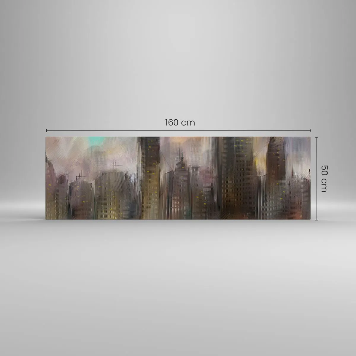 Bild auf Leinwand - Leinwandbild - Eine künstlerische Vision einer Stadtlandschaft mit Wolkenkratzern in Pastellfarben. - 160x50cm - Eine Komposition aus Stahl, Stein und Nebel - Moderne Wanddekoration für Wohnzimmer und Schlafzimmer ARTTOR