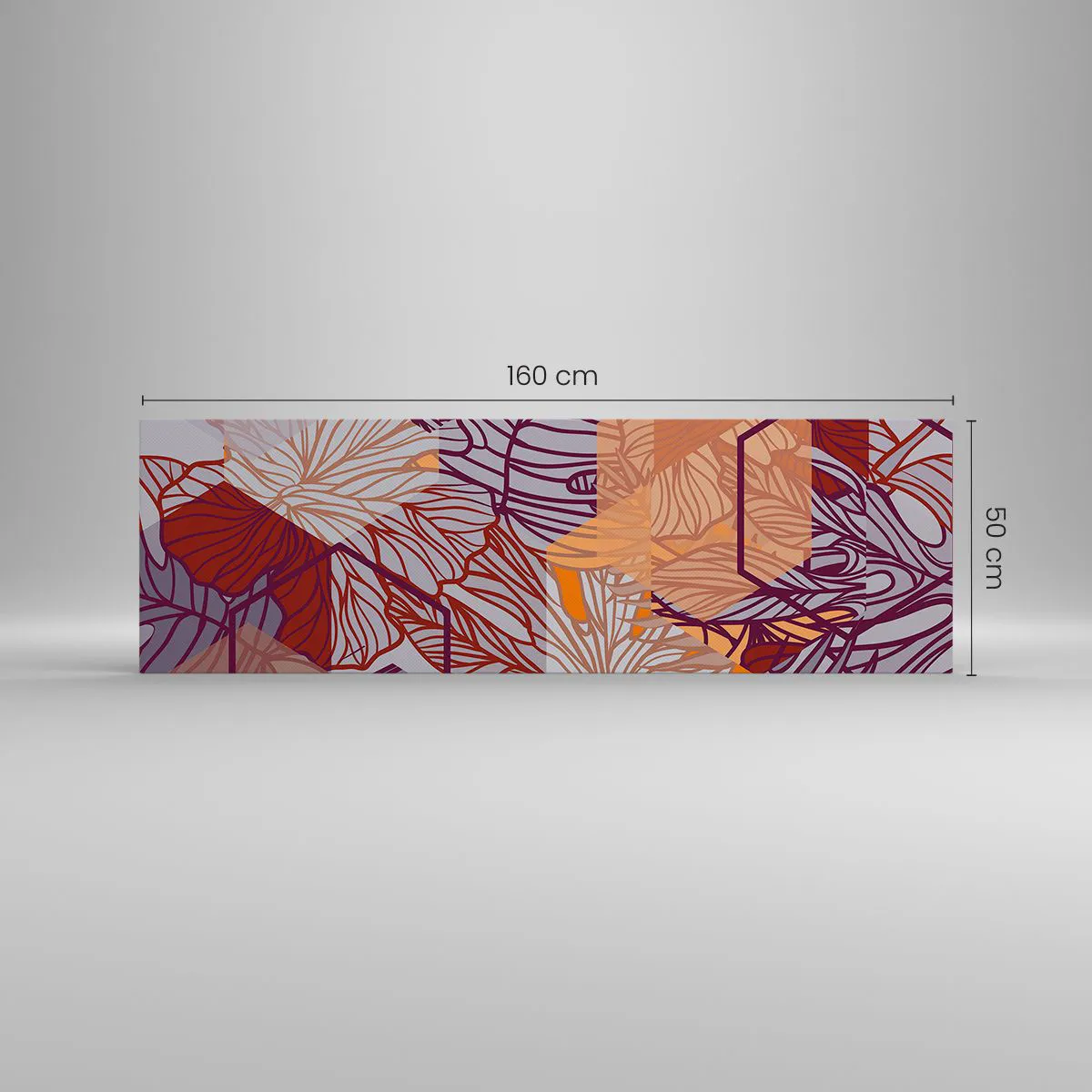 Quadro su tela - Stampe su Tela - Un motivo decorativo a foglie tropicali nelle tonalità del viola, dell'arancione e del beige. - 160x50cm - Legame impossibile di geometria e natura - Decorazione murale moderna per soggiorno e camera da letto ARTTOR