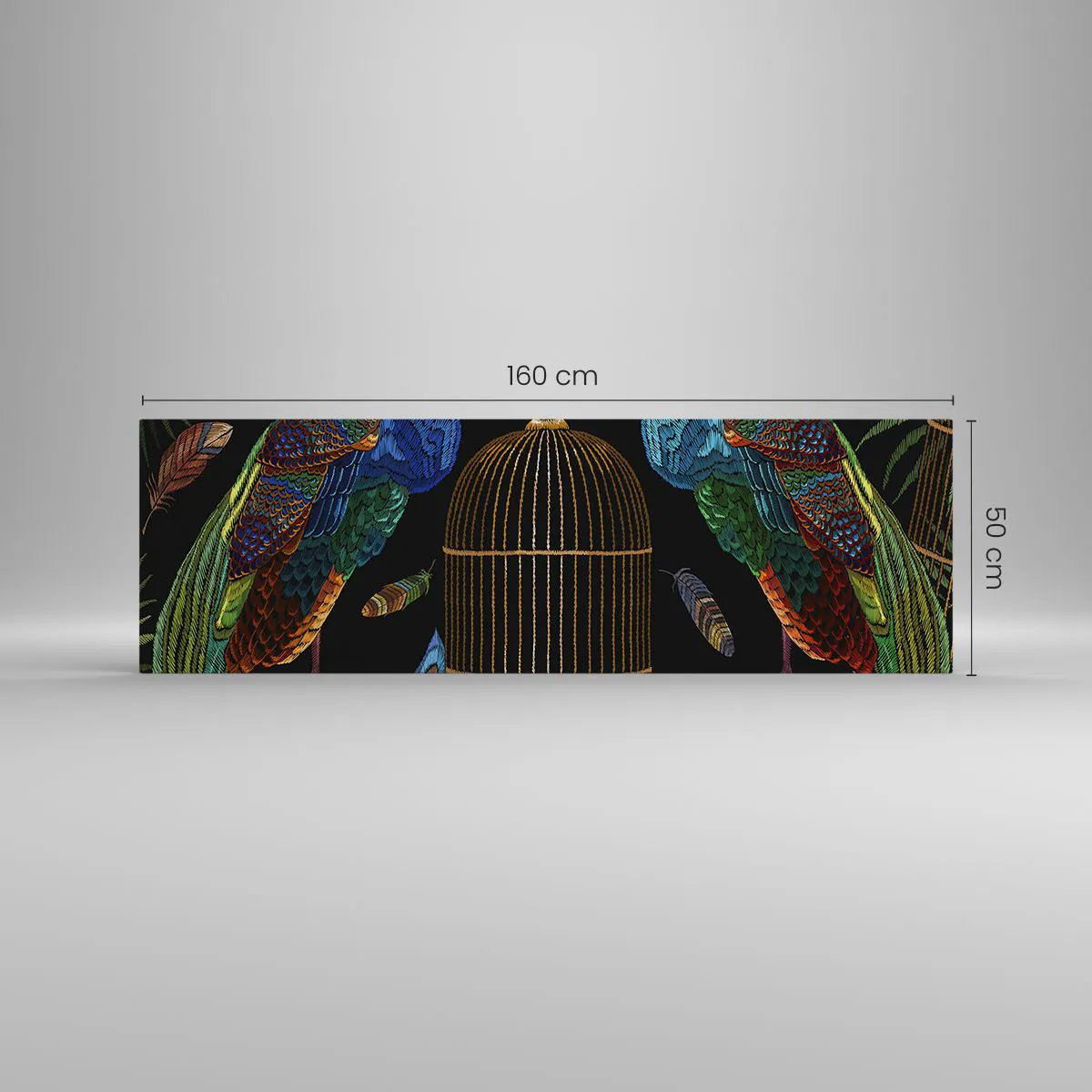 Obraz na płótnie - Pawie przy złotej klatce na czarnym tle - 160x50cm - W królewskich szatach - Nowoczesna dekoracja ścienna do salonu i sypialni ARTTOR