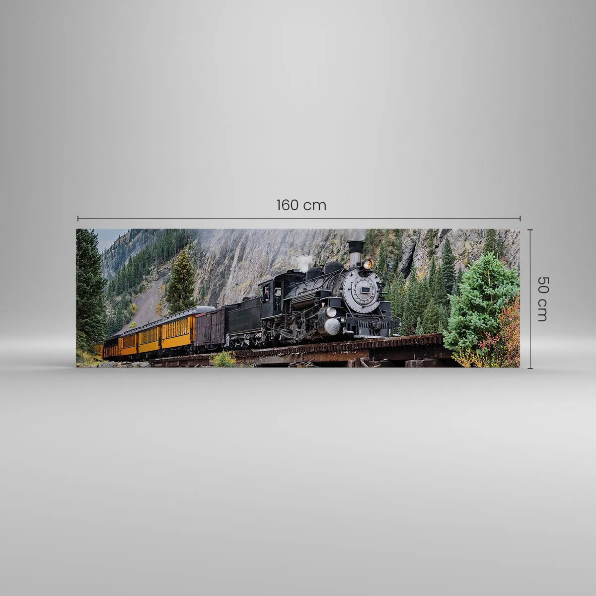 Obraz na płótnie - Parowóz na moście w malowniczym górskim krajobrazie - 160x50cm - A dokąd to? Dokąd? - Nowoczesna dekoracja ścienna do salonu i sypialni ARTTOR