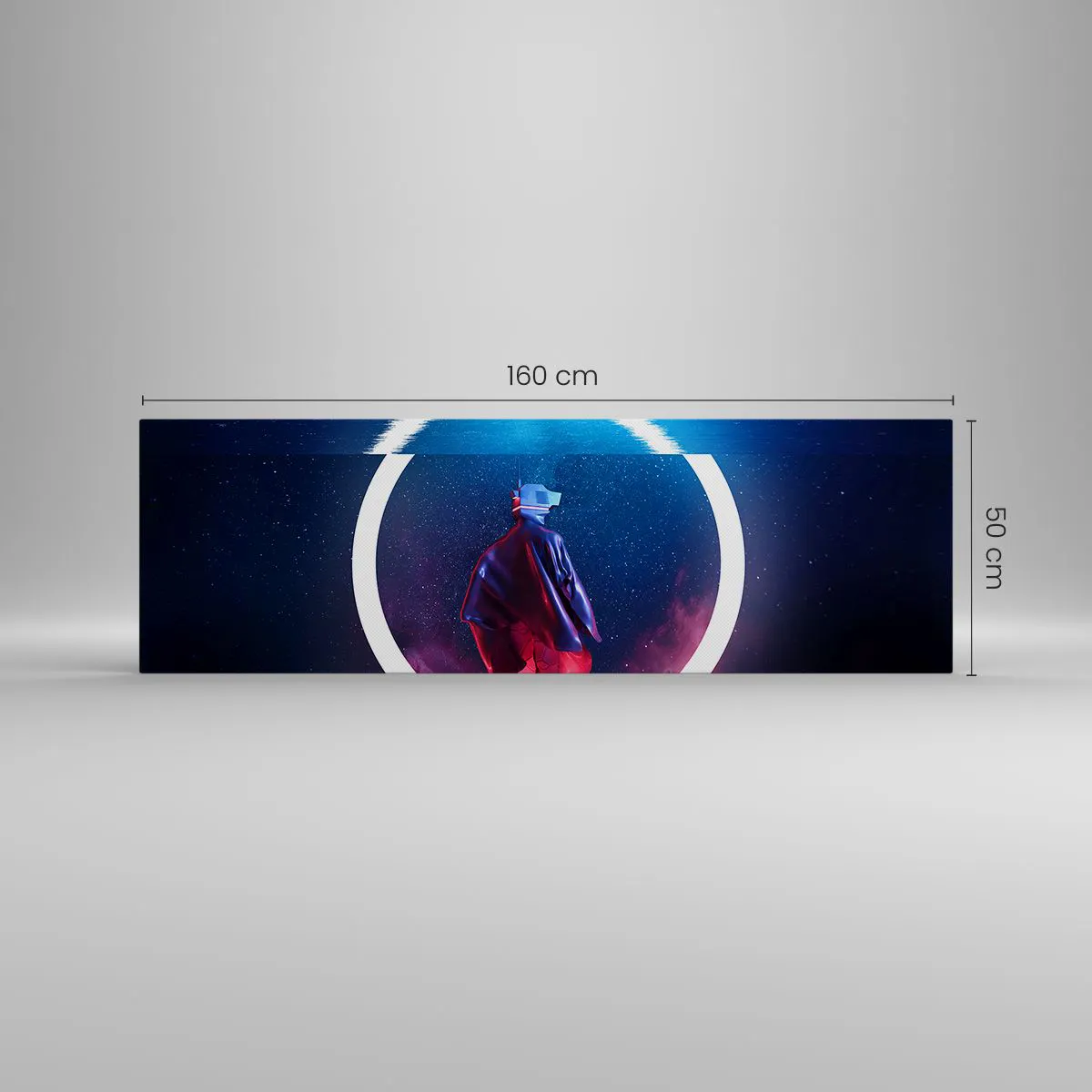 Impression sur toile - Image sur toile - Un personnage dans un environnement futuriste avec un cercle de néon - 160x50cm - Entre deux mondes - Décoration murale moderne pour le salon et la chambre ARTTOR