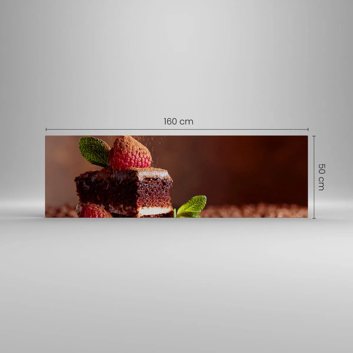 Obraz na płótnie - Czekoladowe ciasto z malinami i miętą na tle ziaren kakao - 160x50cm - Życie jest słodkie - Nowoczesna dekoracja ścienna do salonu i sypialni ARTTOR