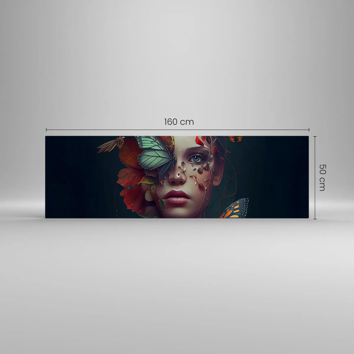 Impression sur toile - Image sur toile - Portrait d'une femme avec des papillons et des éléments végétaux - 160x50cm - Une merveilleuse métamorphose - Décoration murale moderne pour le salon et la chambre ARTTOR
