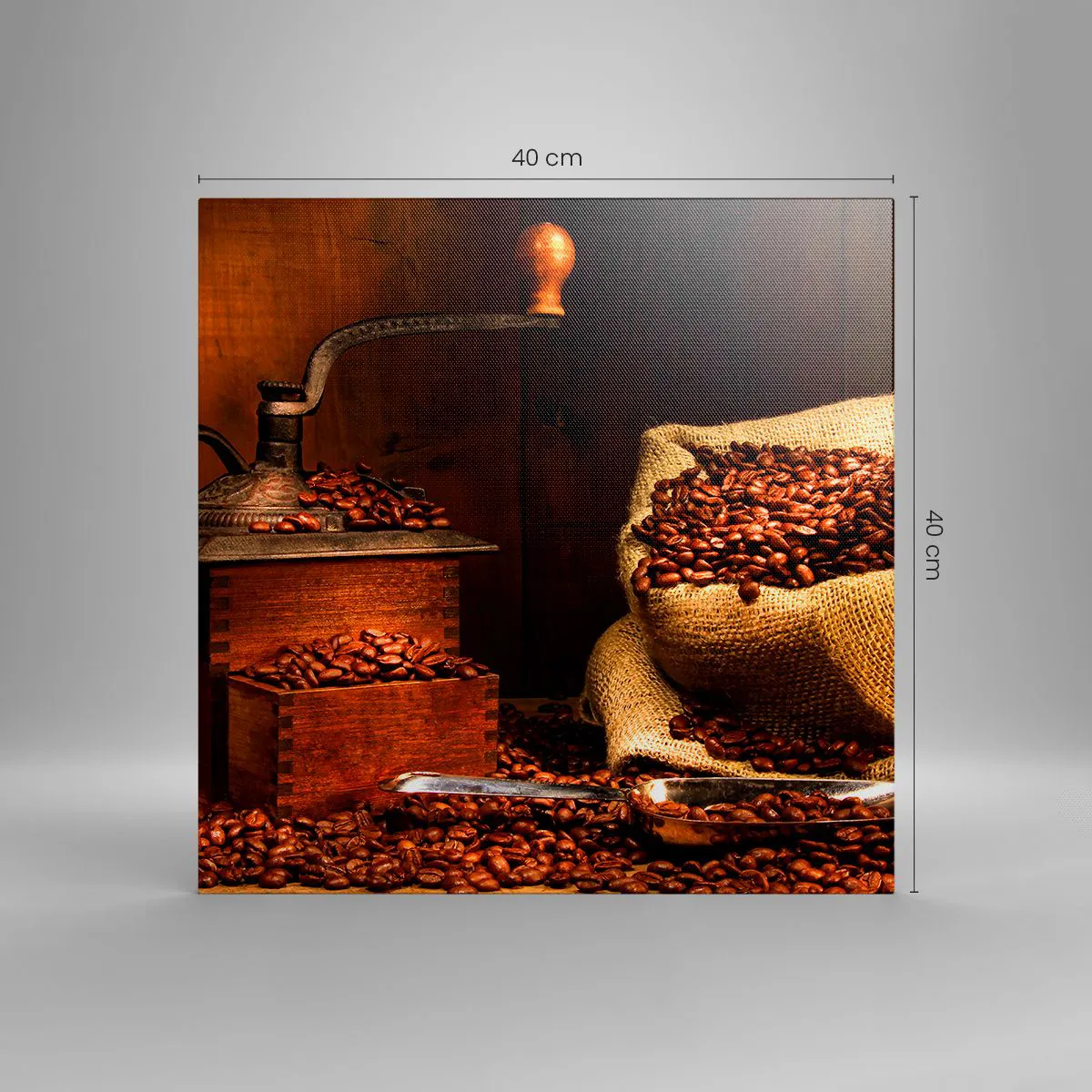 Quadro em tela - Natureza morta com grãos de café e moedor - 40x40 cm