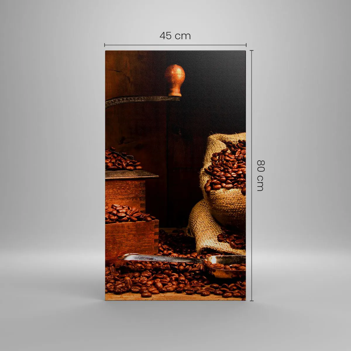 Quadro em tela - Natureza morta com grãos de café e moedor - 45x80 cm