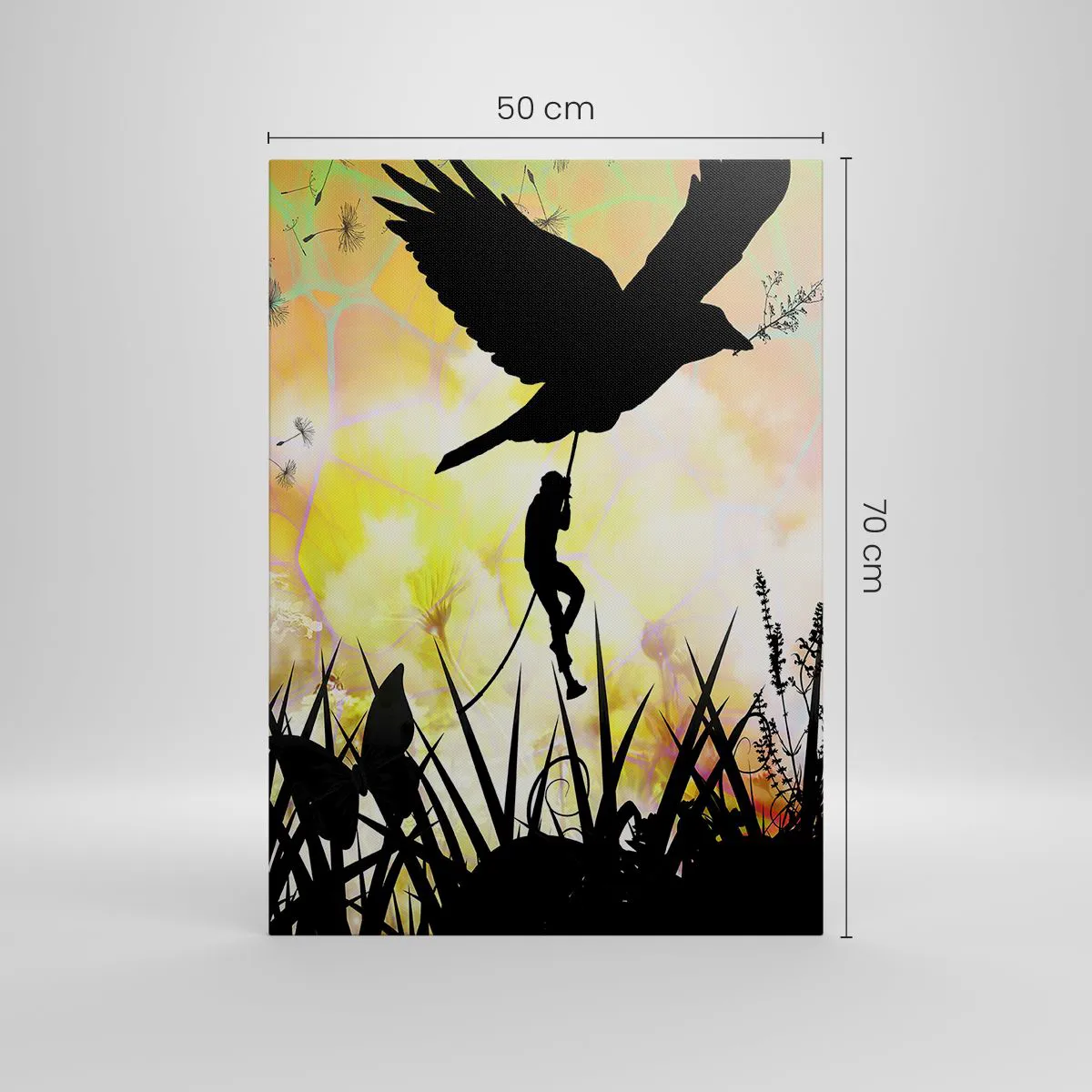 Cuadro sobre lienzo - Impresión de Imagen - Silueta de naturaleza con un pájaro y un diente de león. - 50x70cm - En un ambiente de cuento de hadas - Decoración de pared moderna para salón y dormitorio ARTTOR