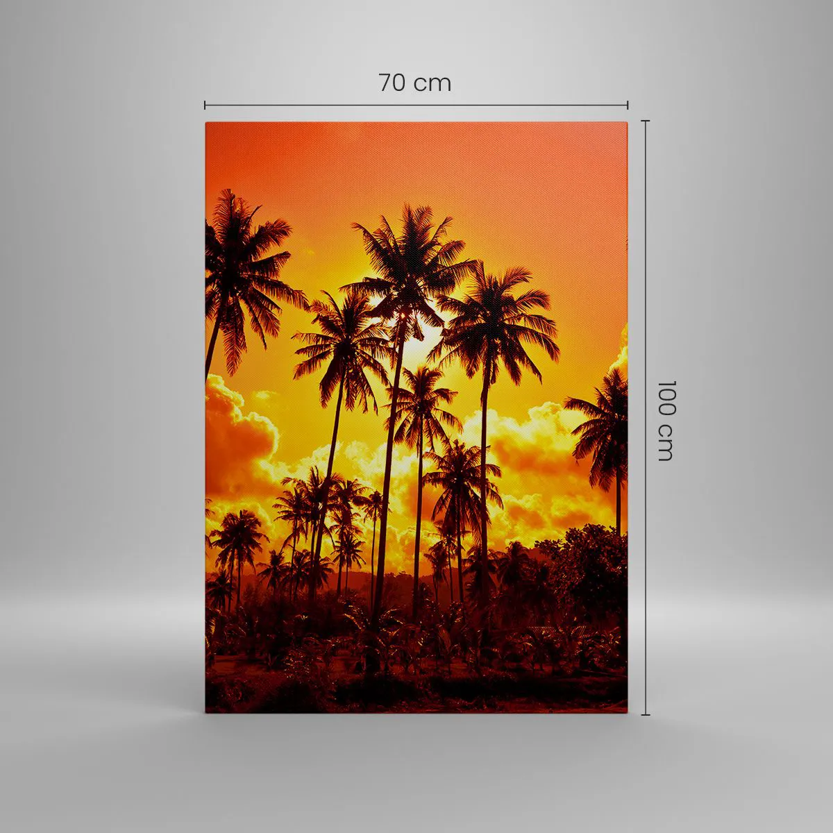 Cuadro sobre lienzo - Impresión de Imagen - Palmeras contra un cielo dorado durante una puesta de sol tropical - 70x100cm - Las montañas arden, los bosques arden - Decoración de pared moderna para salón y dormitorio ARTTOR