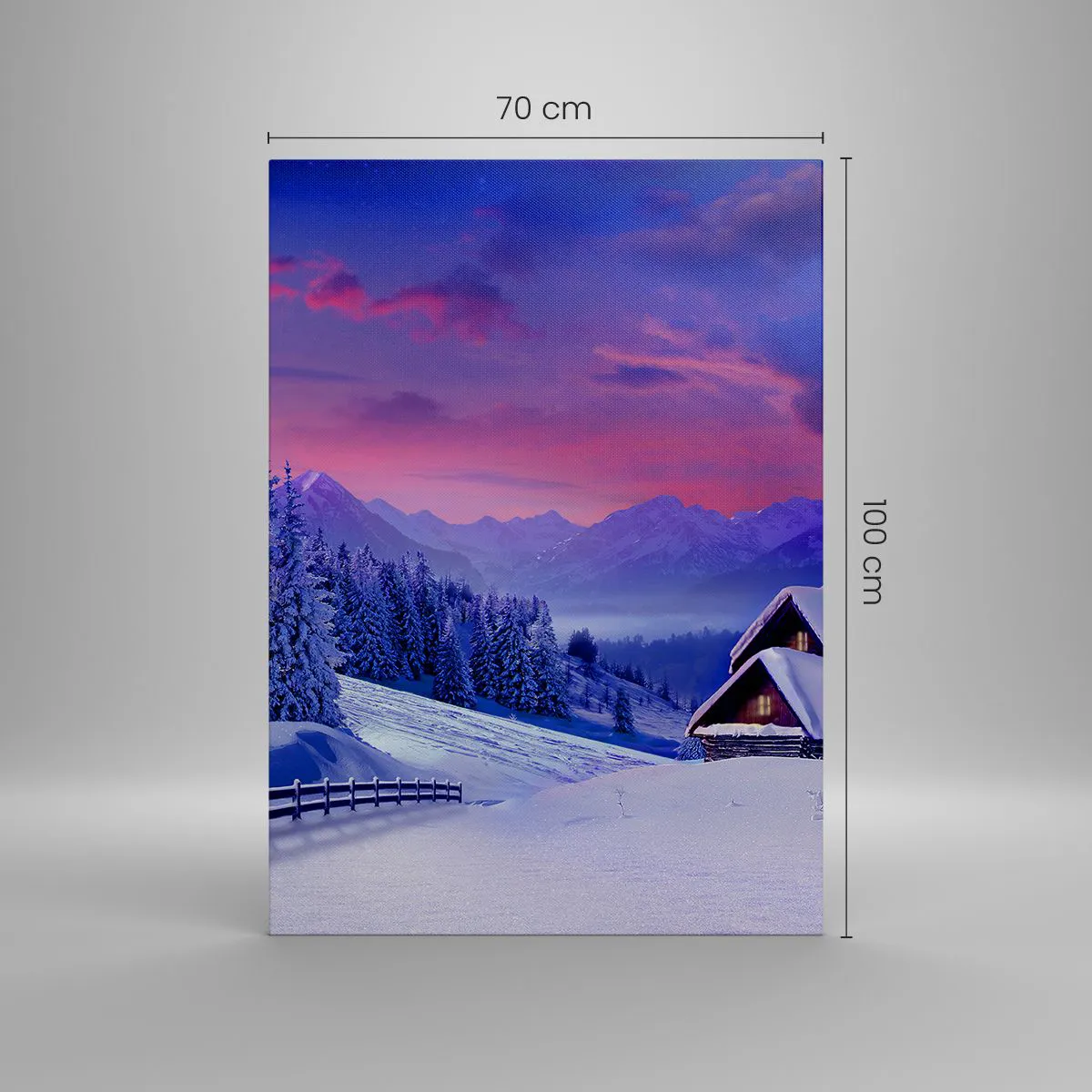 Impression sur toile - Image sur toile - Paysage d'hiver avec chalets de montagne au coucher du soleil - 70x100cm - Douce nuit - Décoration murale moderne pour le salon et la chambre ARTTOR