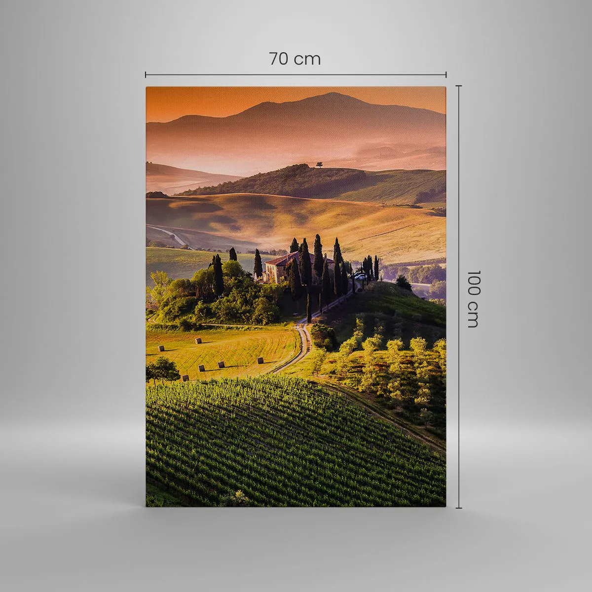 Obraz na płótnie - Toskański krajobraz z winnicami i domem na wzgórzu - 70x100cm - Arkadia - pejzaż toskański - Nowoczesna dekoracja ścienna do salonu i sypialni ARTTOR