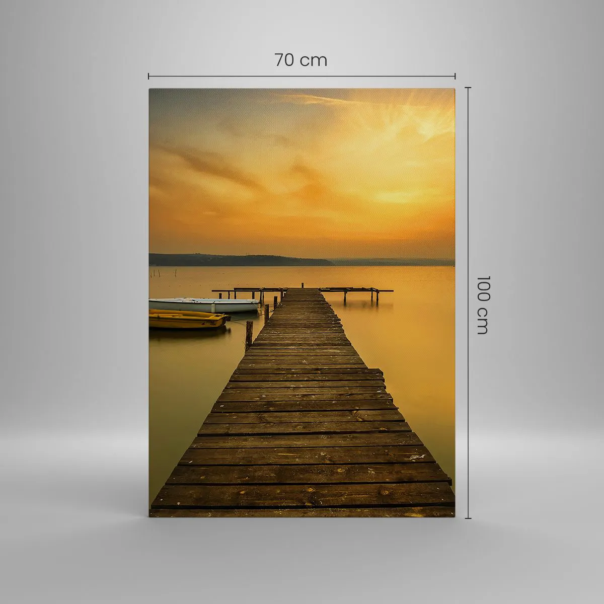 Impression sur toile - Image sur toile - Jetée en bois et bateaux sur le lac au coucher du soleil - 70x100cm - Je t'ouvrirai le ciel d'or - Décoration murale moderne pour le salon et la chambre ARTTOR