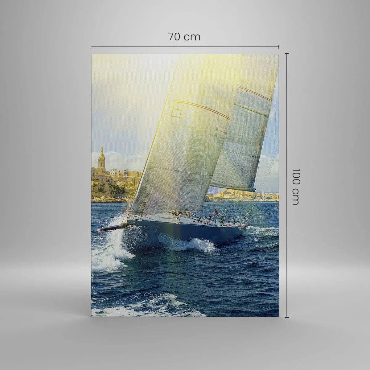 Cuadro sobre lienzo - Impresión de Imagen - Regata con el telón de fondo de una costa soleada - 70x100cm - Hora de abandonar la ciudad - Decoración de pared moderna para salón y dormitorio ARTTOR