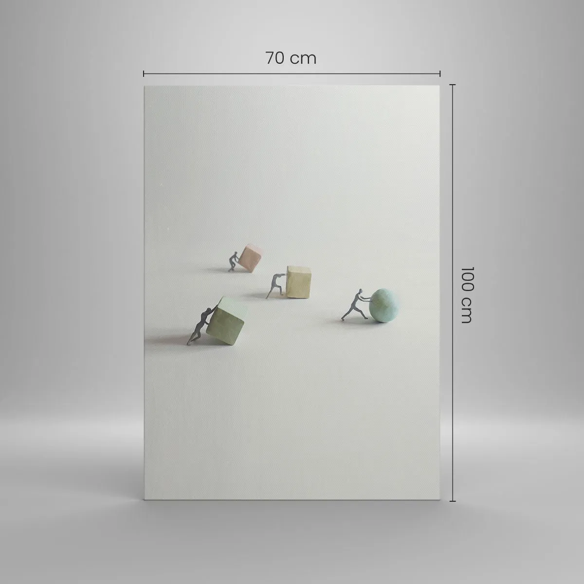 Bild auf Leinwand - Leinwandbild - Miniaturfiguren, die Formen vor einem hellen Hintergrund schieben - 70x100cm - Pures Leben - Moderne Wanddekoration für Wohnzimmer und Schlafzimmer ARTTOR