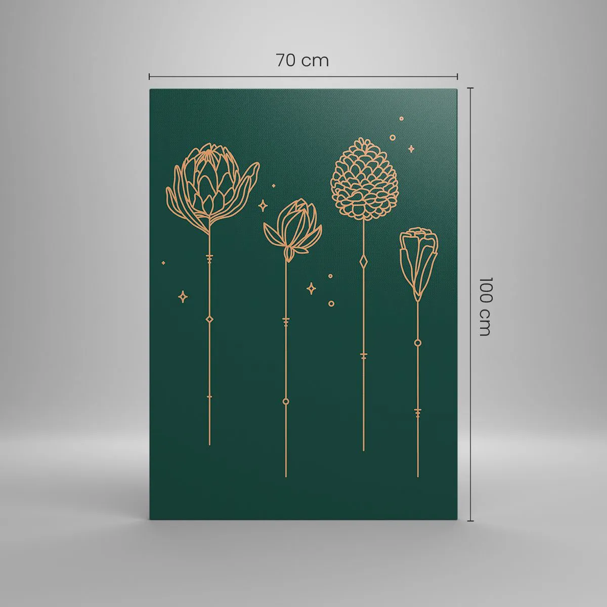 Obraz na płótnie - Złote rysunki ziół na tle ciemnozielonym - 70x100cm - Rodzina ZIÓŁkowskich - Nowoczesna dekoracja ścienna do salonu i sypialni ARTTOR