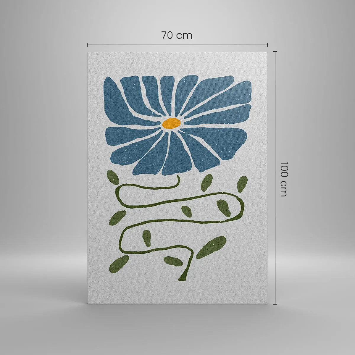 Obraz na płótnie - Niebieski kwiat z wijącą się zieloną łodygą na jasnym tle - 70x100cm - Gałązką do kwiatu - Nowoczesna dekoracja ścienna do salonu i sypialni ARTTOR