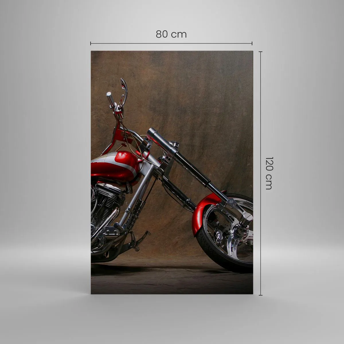 Cuadro sobre lienzo - Impresión de Imagen - Motocicleta roja personalizada sobre un fondo de tela marrón. - 80x120cm - Belleza rojo-plateada - Decoración de pared moderna para salón y dormitorio ARTTOR